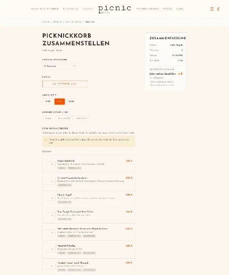 Build your basket: party size, date, pickup time and menu, checked against real availability.