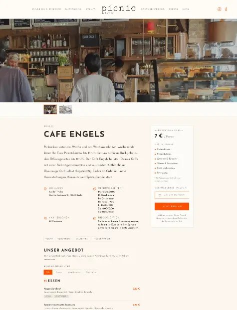 Café page: real menu, opening hours, pickup details.