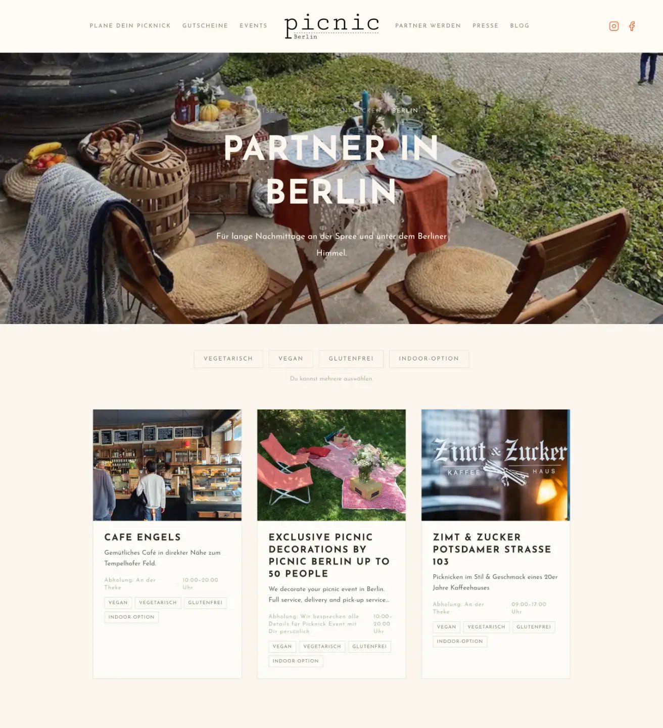 Partner cafés in Berlin, filterable by diet and indoor option.