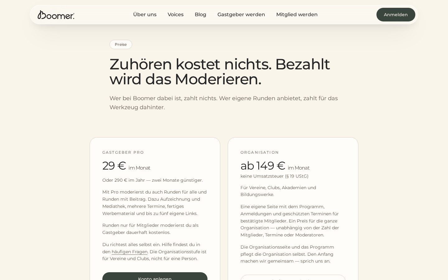 Prices: listening is free, hosting is paid.
