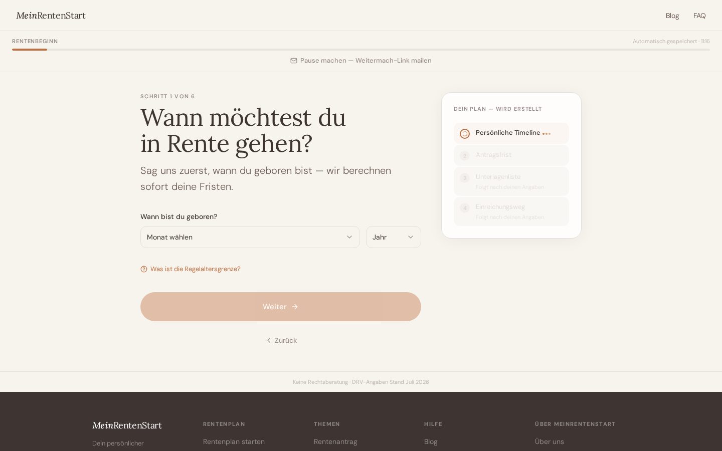 One question per screen. The plan builds alongside. No account needed.