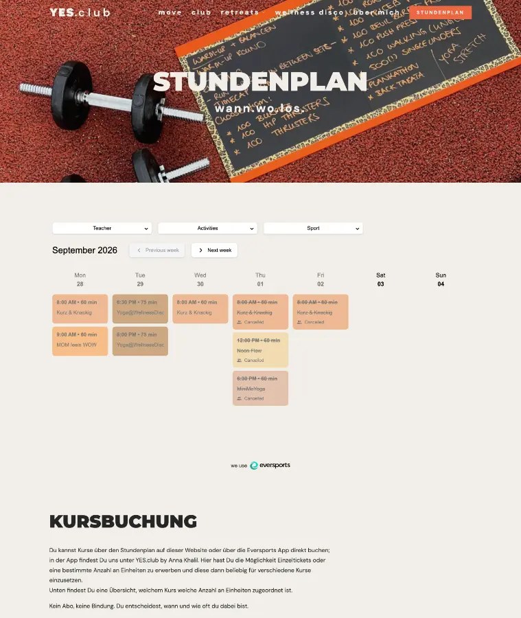 Live class schedule, bookable straight from the site.